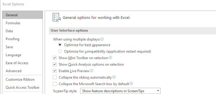 Excel general settings