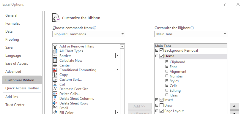 Customise excel ribbon