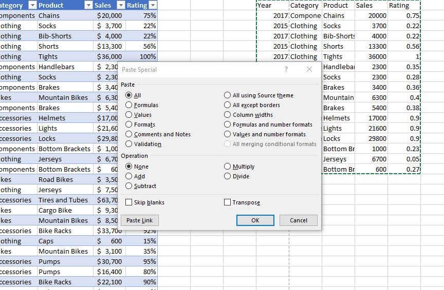 excel paste special